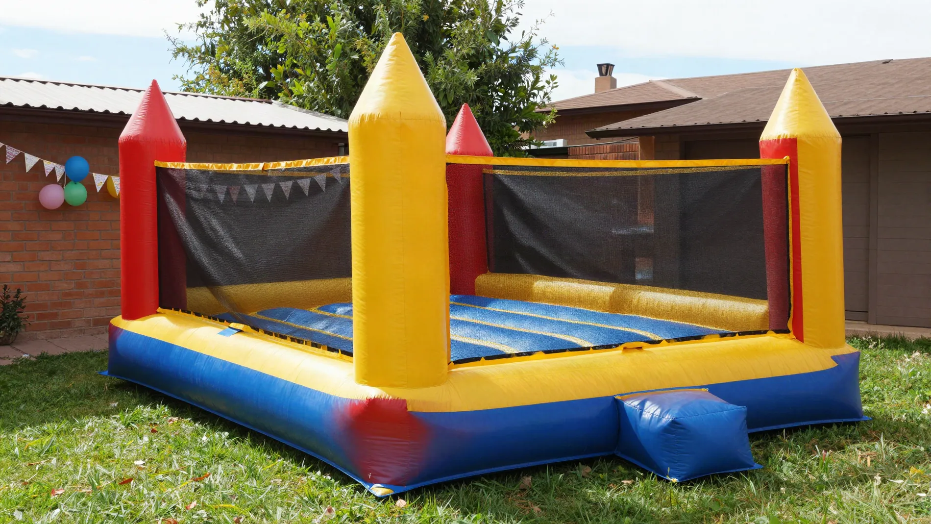 Castillo inflable armado en un patio con globos para un cumpleaños (foto ilustrativa)
